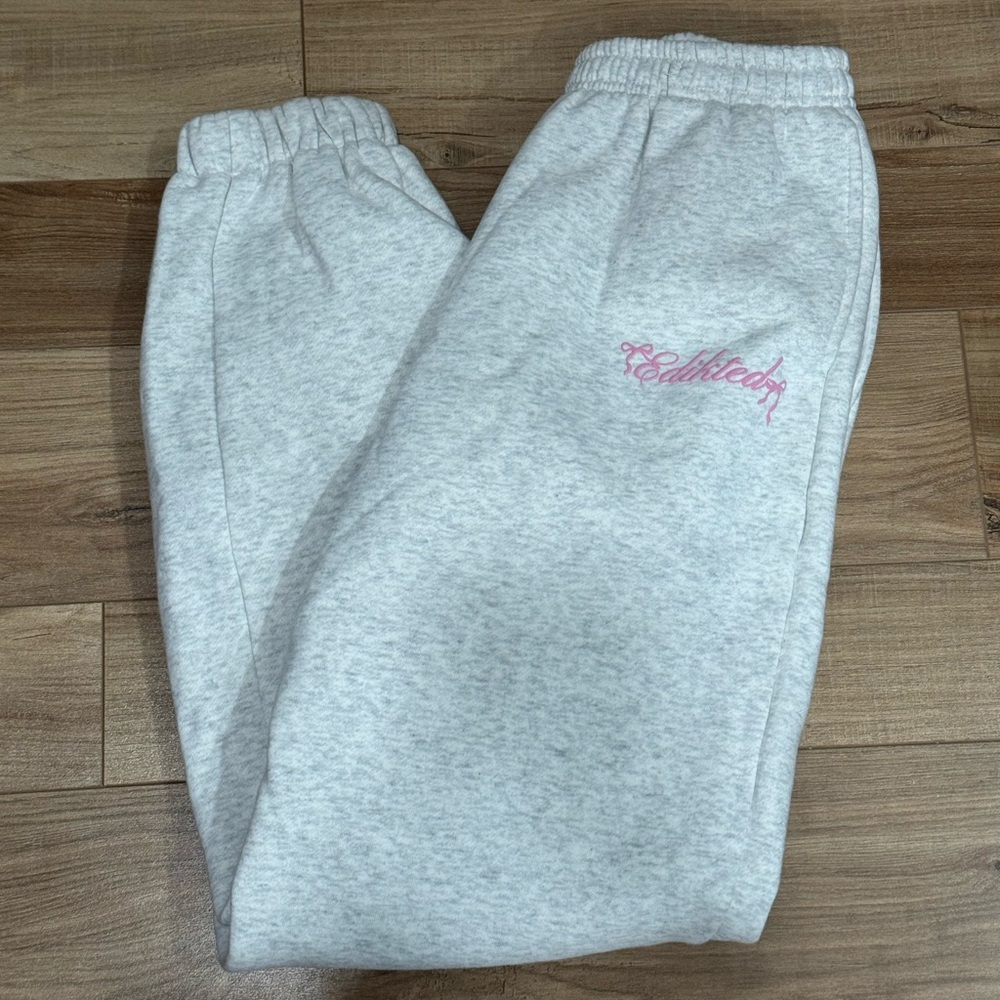 Edikted Light Gray Joggers with Pink Script Bow Logo